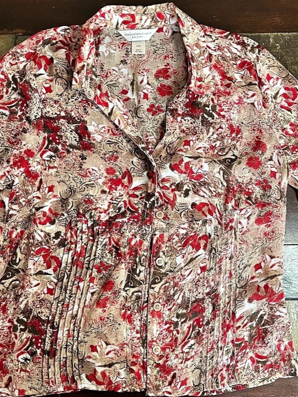 Christopher & Banks Floral Button Down Blouse Red & Brown P/M